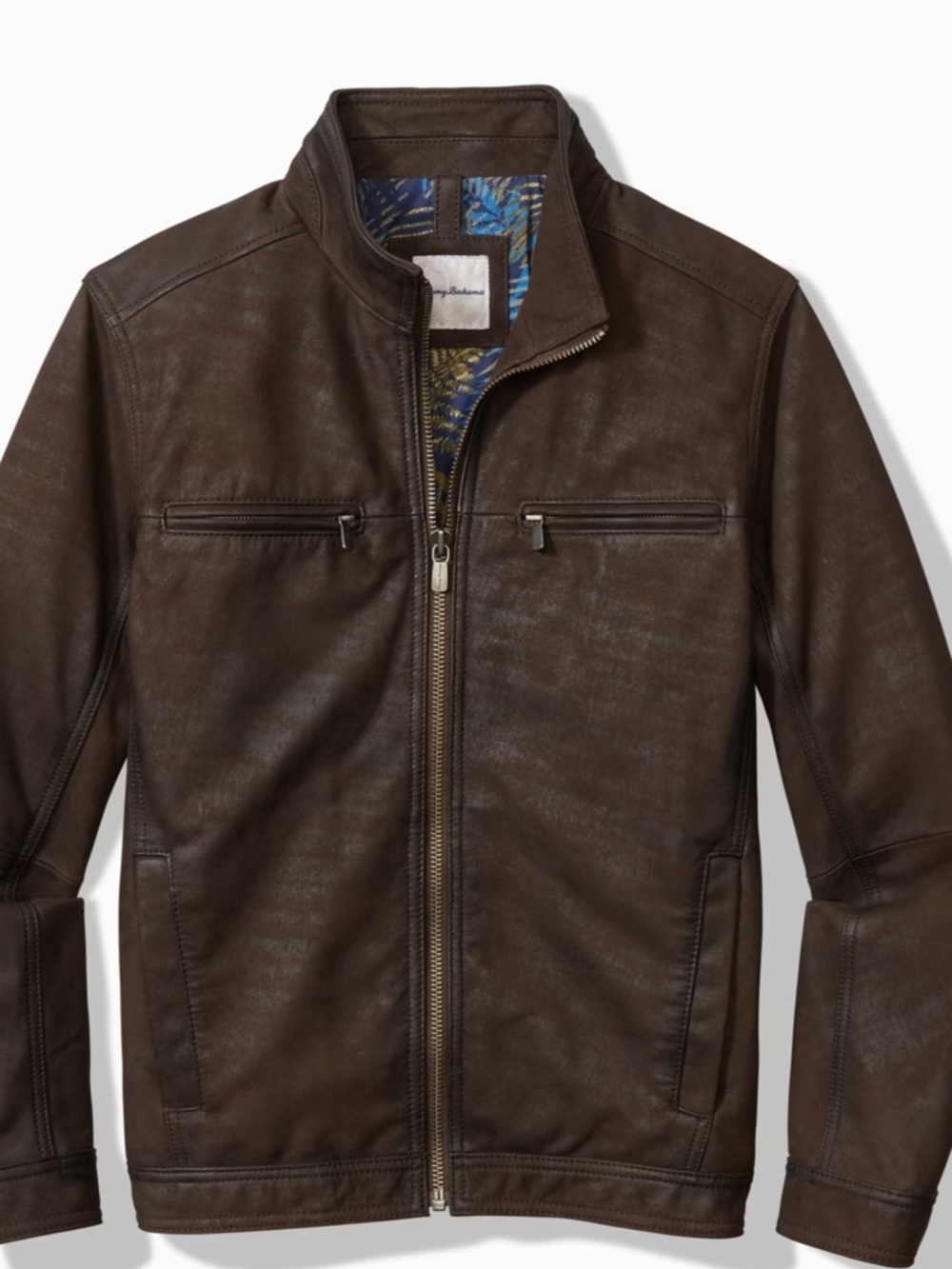 Tommy Bahama Brown Leather Bomber Jacket with Zip Pockets